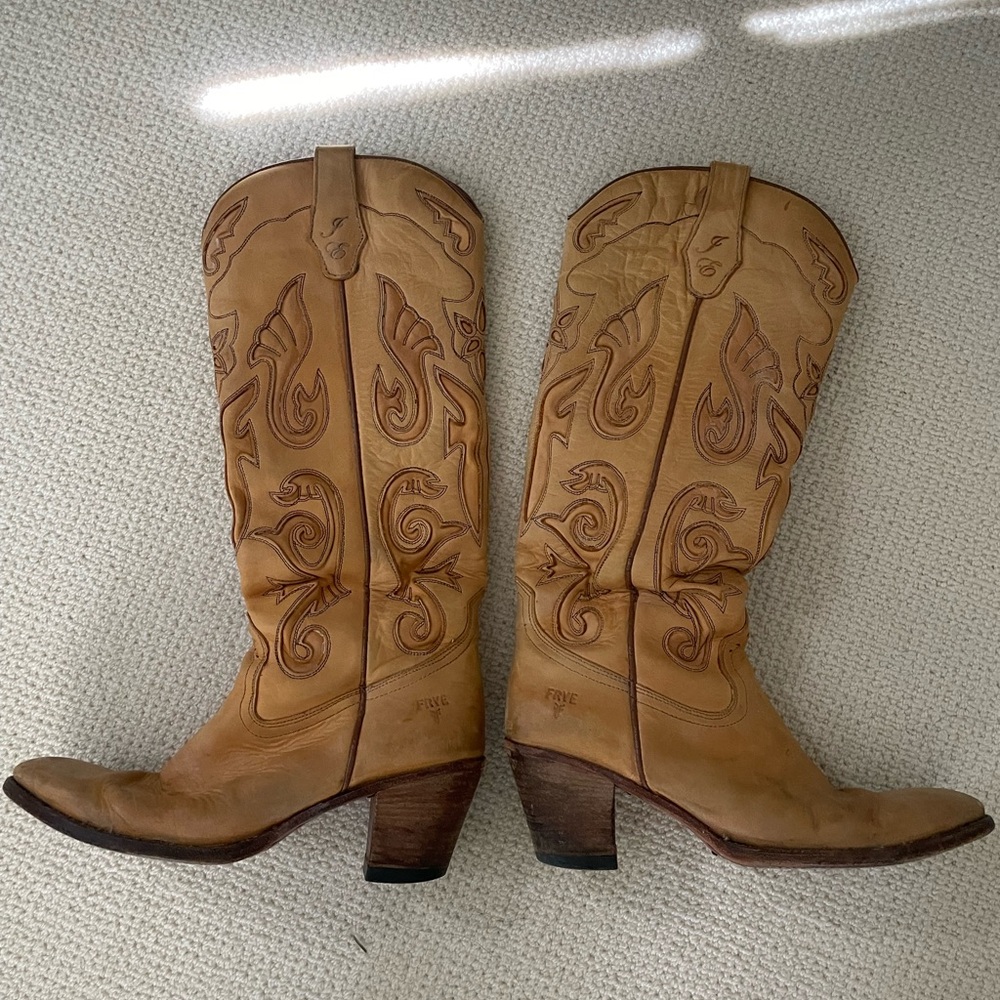 Frye Tan Heeled Boots with Western Stitching